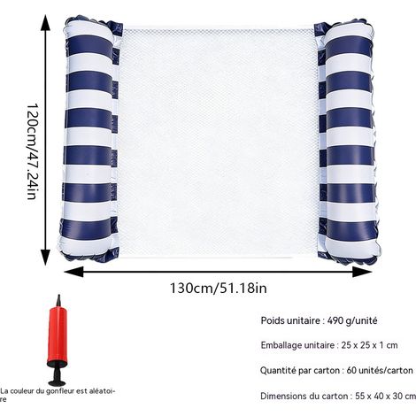 Hamac gonflable rayé pour piscine, fauteuil flottant aquatique à 2 tubes, matelas gonflable portable pour adultes et enfants - double rayure - bleu foncé (pompe à air incluse) (1/5)