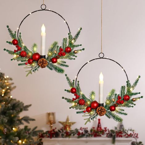 Set of 2 Christmas Wreath for Front Door 40cm Artificial Door Wreath with LED Candles Lights Christmas Hoop Wreaths Winter Wreaths for Windows Walls Bedrooms