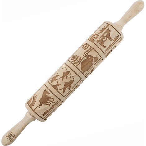 Mattarello in legno MoodForWood, inciso, 43 cm con manici, perfetto per la cottura al forno - Motivo animali (1/5)