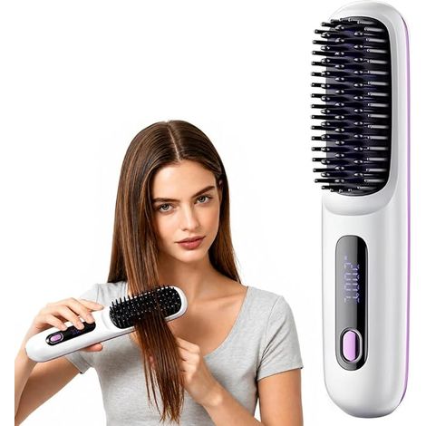 Brosse Lissante pour Cheveux, Sans Fil, Portable Rechargeable avec Revêtement Céramique et 3 Niveaux de Température pour les Voyages et la Vie Quotidienne (1/4)
