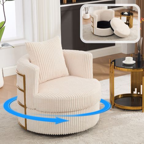Chaise de Loisirs Pivotante 360°, Velours Côtelé, Accoudoirs Rembourrés, Rangement Sous Siège, Beige, pour Salon, Chambre (1/5)