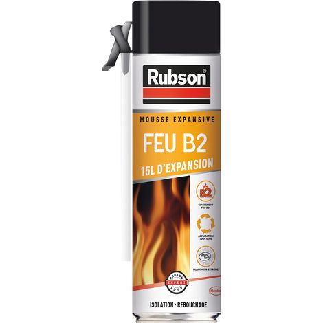 Rubson Mousse expansive Feu B2, Mousse isole et rebouche résistante au feu, Isolant thermique multi-supports pour intérieur & extérieur, isolant blanc, aérosol 500 ml