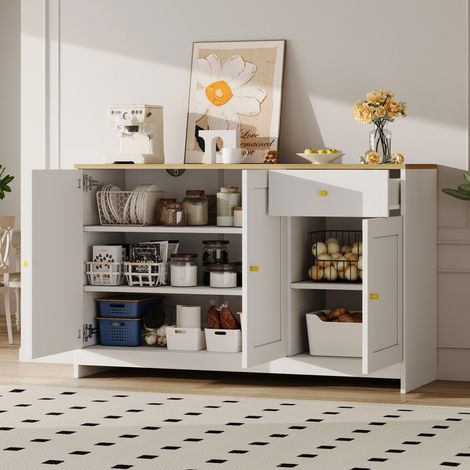 Buffet, 120x40x75 cm, 3 portes et 1 compartiment de rangement, commode, pouvant servir de buffet pour le salon et la salle à manger, naturel et blanc (1/5)