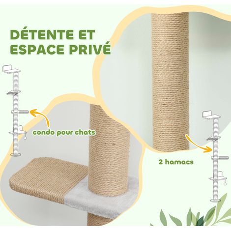 Étagères Murales pour Chat 180 cm, 4 Plateformes d'Escalade, Poteau à Griffer en Jute et Jouet Suspendu, Gris Clair (1/5)