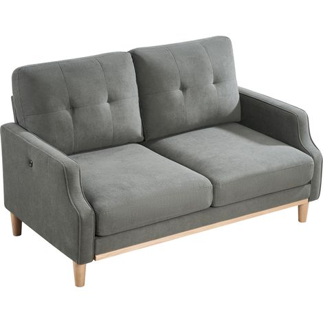 Canapé 2 places avec port de charge USB et pieds en bois, canapé en tissu avec coussin épais pour petit appartement