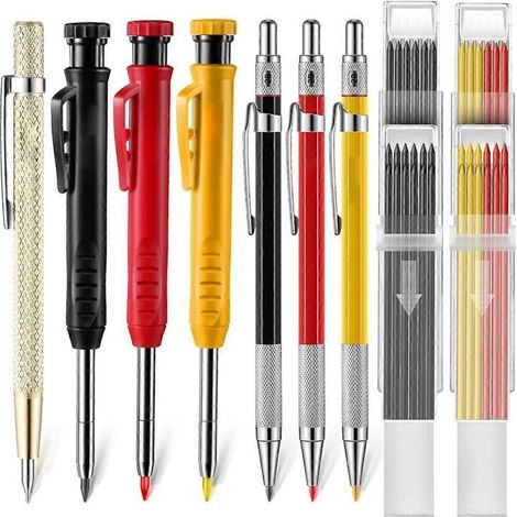 Crayon Mecanique Charpentier - Mine 45 mm - Pour Bois Metal Verre Ceramique - 3 Unites + 12 Mines + 3 Porte-Mines 2 mm + 24 Mines + 1 Stylo Graveur (1/5)