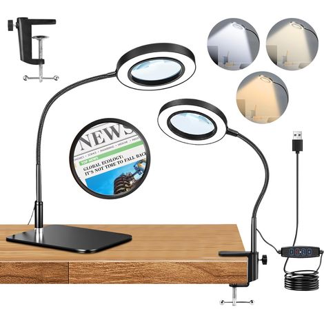 10X Lampe Loupe à Pince et Base, Lampe Loupe de Bureau, Lampe loupe LED 3 Couleurs 9 Luminosité, Loupe Grossissante avec Lumiere pour Lecture, Diamond Painting, Réparation, Artisanat (2-en-1) (1/5)