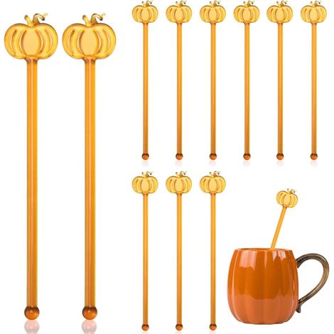 Lot de 12 agitateurs à boissons en verre en forme de citrouille de 18 cm, bâtonnets mélangeurs 3D automnaux pour café, cocktails et thé, bâtonnets mélangeurs festifs pour Thanksgiving et les fêtes d'a (1/5)
