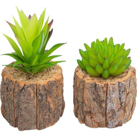 Lot de 2 Mini Bonsaïs Artificiels en Pot Base en Bois Naturel, Plantes Succulentes Artificielles Réalistes, Décoration Végétale Intérieure pour Bureau, Étagère et Maison (1/5)