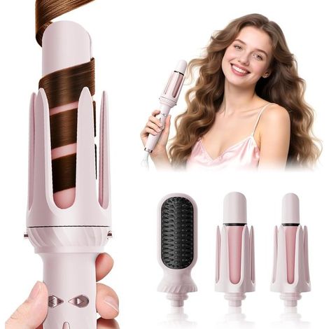 Fer à boucler automatique 3-en-1 - Pour ondulations de plage - Boucleuse rotative portable - Revêtement céramique - Léger - Brosse incluse - 1 pouce et 1,25 pouce - Rose