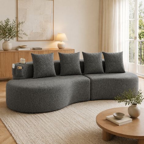 Divano in lino grigio scuro 240 cm con portabicchieri, tasche laterali e 4 cuscini