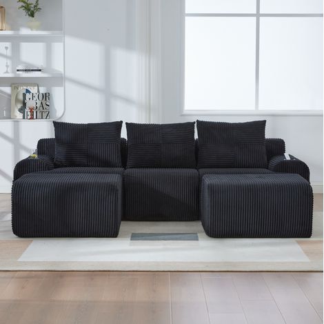 Canapé d'angle modulaire en velours côtelé, Canapé 3 places avec 2 repose-pieds amovibles, porte-gobelet et poche latérale, 268×174×80 cm, noir (1/5)