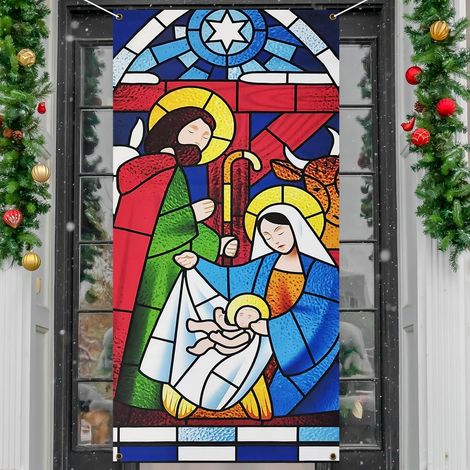 Décorations de Noël 2026 - Drapeaux, nœuds, décorations de Noël, rideaux de porte - 90 x 190 cm (élastique) - QL-2