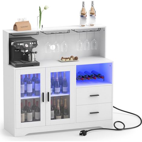 Buffet avec 2 Portes Coulissantes, 2 Tiroirs, Plans de Travail, Prise Électrique, Armoire de Cuisine pour Salon, Cuisine, 120 x 40 x 115,5 CM, Blanc (1/5)