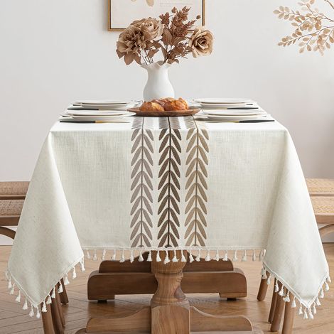 Nappe Imperméable Rectangulaire 140x180cm Feuilles Beiges Table Cloth Tassel Nappe Elegante Tablecloth Rectangle pour Table de Cuisine Decoration (1/5)