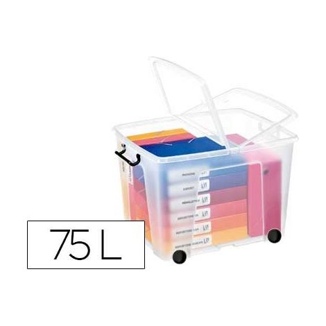 Contenedor plastico cep 75 litros 485x600x415 mm transparente con tapa cierre hermetico y 4 ruedas