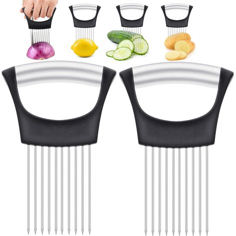 Lot de 2 coupe-oignons, porte-oignons, en acier inoxydable, coupe-légumes, tomates, pommes de terre, outil d'aide à la coupe efficace, hachoir à oignons, manuel noir (1/5)