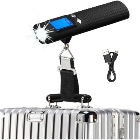 Balance électronique rechargeable 4 en 1 pour valise, 50 kg (110 lb), avec écran LCD, lampe torche intégrée, chargeur de téléphone et chargeur de téléphone (noir). (1/4)