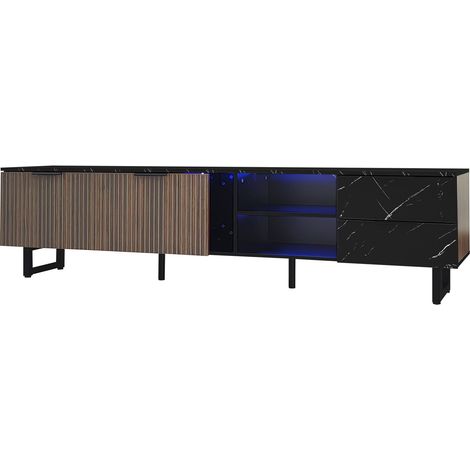 GagaGagaMeuble TV 200 cm, LED, effet marbre noir, bois foncé (1/5)