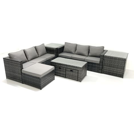 Fimous Garden Outdoor Rattan Furniture Set with Sofa Coffee table 3 Footstools 2 Side Tables Dark Grey Mixed (1/5)