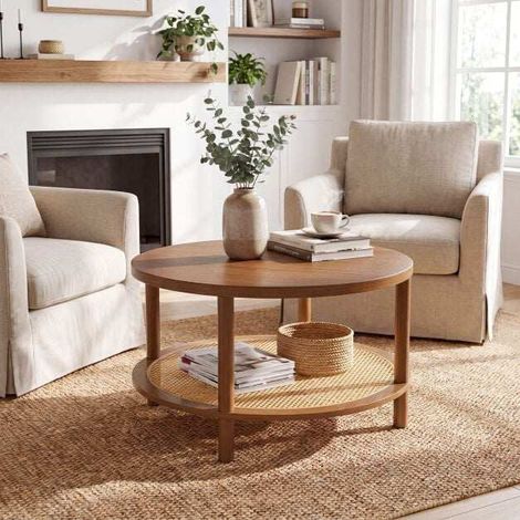 Boho Rattan Coffee Table with Storage Shelf, Walnut Finish (1/5)