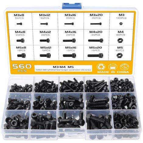 560PCS M3 M4 M5 Assortiment de Vis 6 Pans, Vis avec Écrous Assortiment, Vis à Tête Cylindrique à Six Pans Creux en Acier Carbone 12.9, Assortiment d'Écrous et Rondelles avec Clés (1/5)