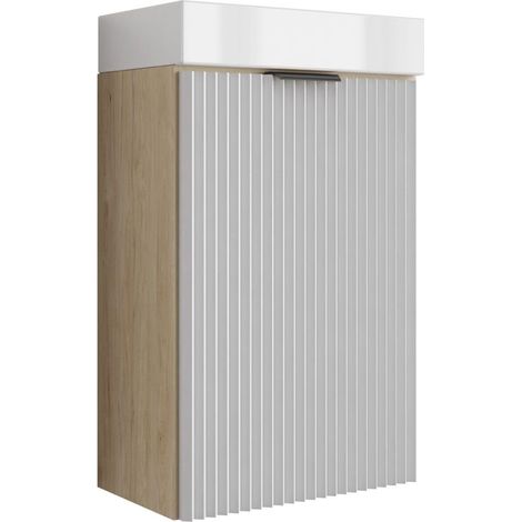 Mobile da bagno con frontale scanalato 40 cm con lavabo, noce chiaro (MDF), con frontale bianco, con maniglia nera, 40,5 × 22,5 × 57 cm (1/5)