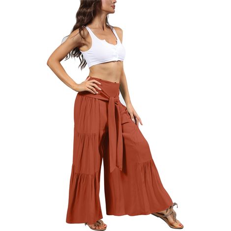 Pantalon Large - Taille Haute Élastique - Coupe Fluide Pour Yoga Et Ville - Rouge Brique - 1 Pièce (1/5)