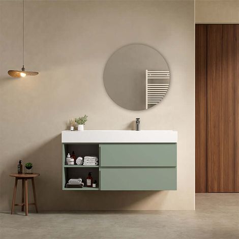 Mobile bagno sospeso 120 cm Verde Salvia Lavabo a Destra in Resina Specchio Tondo - Fiji Paint Plus (1/4)
