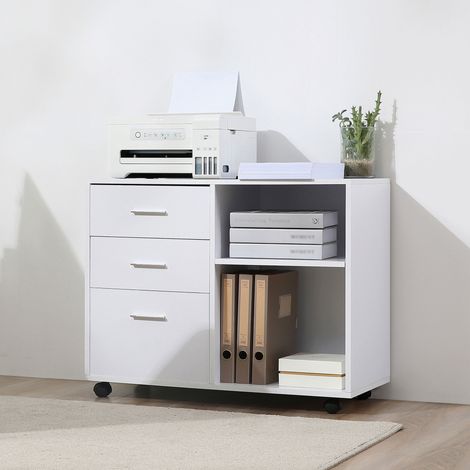 Meuble de rangement blanc 80x40x65cm, bureau mobile sur roulettes avec 3 tiroirs et étagères, rangement multifonction pour espace de travail, 4 roues pivotantes incluses (1/5)