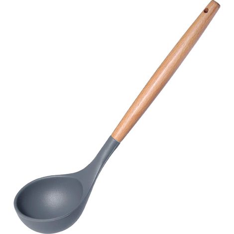 Louches à soupe en silicone, résistantes à la chaleur, avec manche ergonomique en bois, confortables, antidérapantes et durables, idéales pour la cuisson des soupes (31,5 cm). (1/5)
