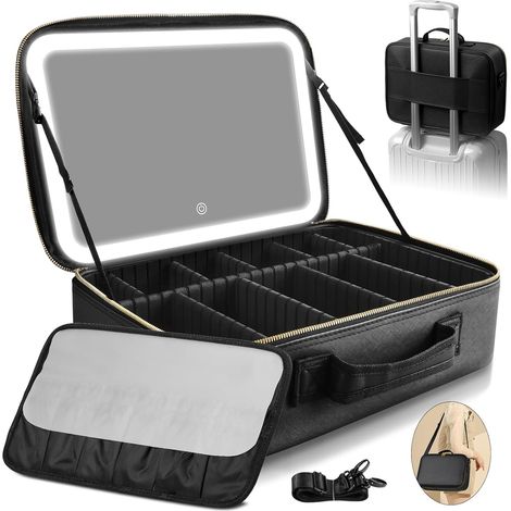 Trousse de Maquillage avec Miroir LED, Grand 38X28cm Professionnel Sac de cosmétiques de Voyagea de Lumineux, boîtier de Maquillage avec Miroir éclairé, 3 Modes d'éclairage, Couvercle en Cuir PU (1/5)