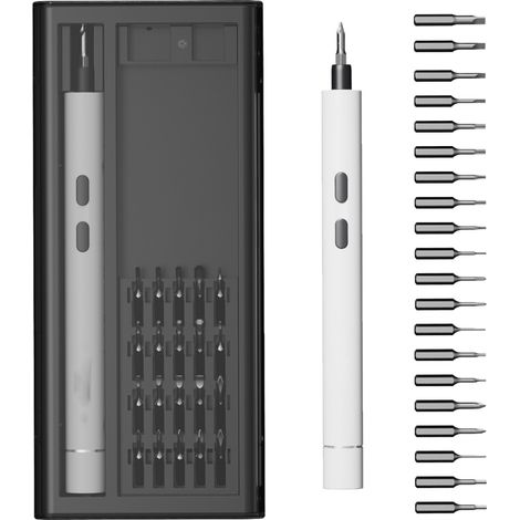 Tournevis électrique portable avec lumière LED intégrée, poignée ergonomique et 20 embouts. (1/5)