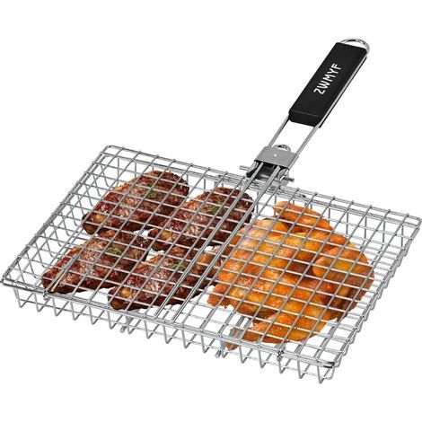 Panier de barbecue robuste en acier inoxydable pour le camping et le barbecue - Grille de cuisson pliable et portable avec poignée amovible - Filet anti-adhésif pour poissons, légumes, crevettes (1/2)