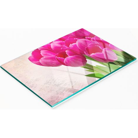 Tabla de cortar decorativa de vidrio templado con tulipanes rosas, 80x52 cm (1/5)