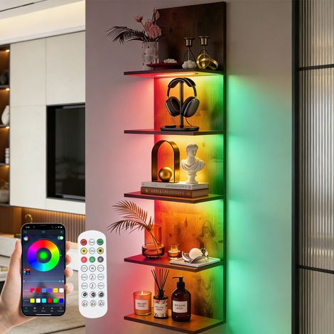 Bibliothèque, Étagère de Rangement LED à 5 Niveaux RGBIC, App & Télécommande, Étagère murale effets lumineux dynamiques, en MDF avec montage invisible 30x18x117 cm, Salon, Chambre, Balcon (1/5)