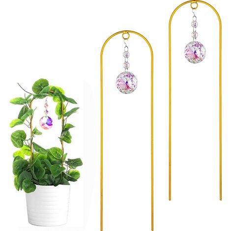 Soporte metálico para plantas trepadoras con cristal arcoíris – juego de 2 piezas (soporte + colgante) – decoración de jardín para macetas (1/5)