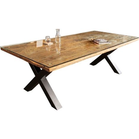 Tavolo da pranzo RAFTA 220 cm – Piano in legno massello di teak e vetro temperato – Gambe a X in metallo nero
