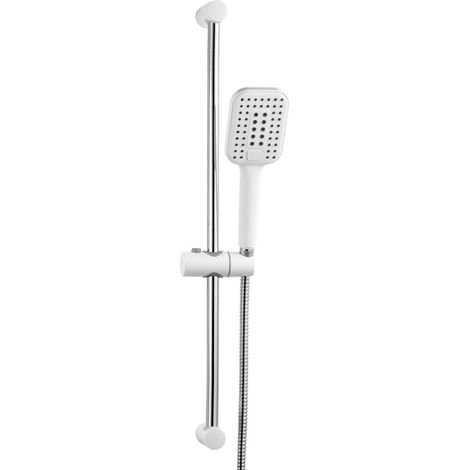 Ensemble de douche barre 70cm, pommeau 3 jets, flexible 1.6m, blanc (1/5)