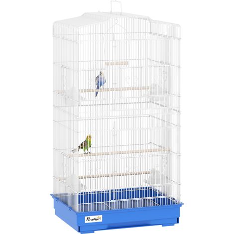 Gabbia uccelli metallo con 4 mangiatoie, 3 trespoli, altalena, vassoio rimovibile, maniglia, 46,5x35,5x92 cm, blu
