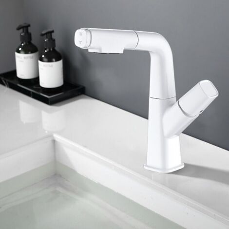 Robinet d'évier extractible, robinet rotatif chaud et froid, blanc (1/4)