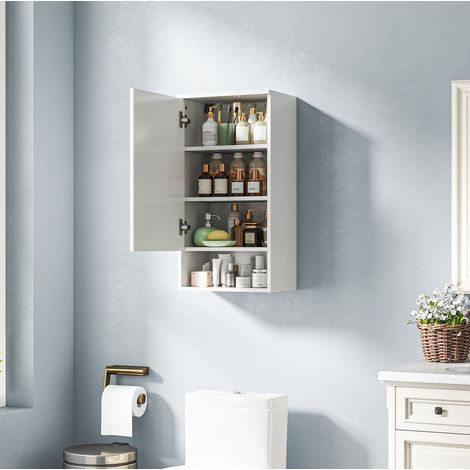 Armoire murale de salle de bains avec portes et niche ouverte en bois blanc 40 x 27 x 77 cm OKWISH (1/5)