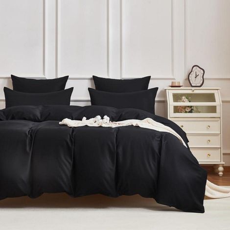Bettwäsche-Set 3-teilig 200x200cm Schwarz Mako Satin Baumwolle mit Reißverschluss