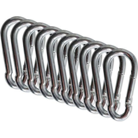 10 Karabinerhaken, 60 mm x 6 mm. Stahlkarabiner mit Schnapphaken. Tragfähigkeit bis ca. 80 kg.