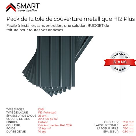 SMART COVER Pack 12 petites tôles bac acier - toiture - couverture H12 Dimensions: 125cm x 45cm=6,75m² épaisseur: 0,30mm Qualité Allemande Acier couleur RAL 7016 (1/5)
