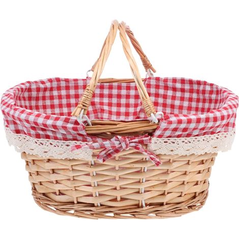 Panier en osier avec poignée - Rangement de cuisine pour fruits, accessoires de pique-nique et barbecue, doublure en grille (1/5)