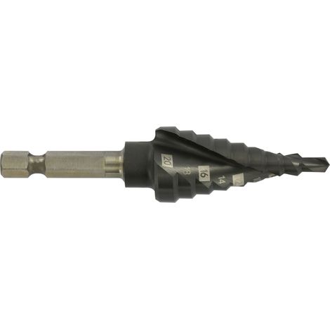 Tivoly • Foret conique étagé HSS -Revêtu TiAlN -Shock serie -Hélicoïdal -Pointe en croix -Queue hexagonale (Boite brochable) / ØMin/Max : 4/20