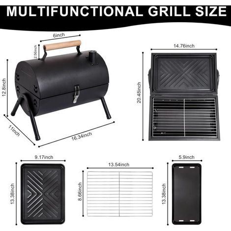 Barbecue De Table Portable À Charbon Avec Couvercle Et Cheminée, Double Face, Pour Camping Et Jardin, Noir