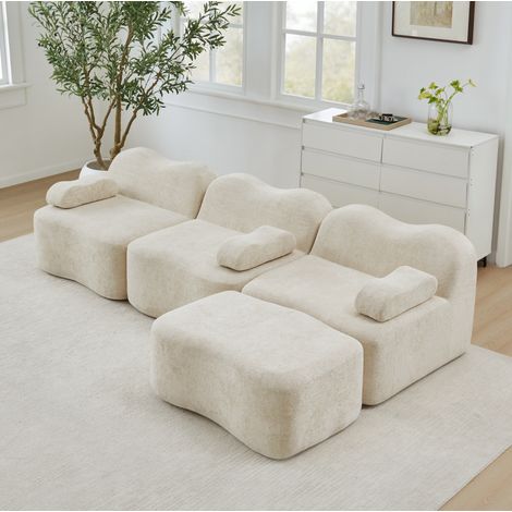 sofá modular de salón con otomana de terciopelo beige OKMYHOME (1/5)