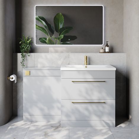Napoli 460 Cento Gloss Grey Pearl 1400mm 2 Drawer Vanity Unit Toilet Suite with Glide Basin - 1400mm - Brushed Brass 480mm HandleWithout Kingston Toilet Pan